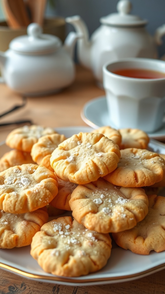 A plate of vanilla bean cookies dusted with powdered sugar, accompanied by a cup of tea in a cozy kitchen.